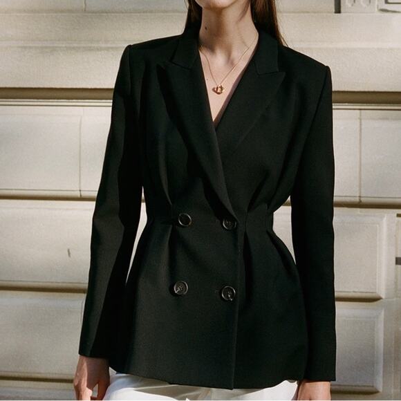 Yeon Arabella Black Italian Wool Pleated Waist Blazer Lined NWT - Picture 1 of 13